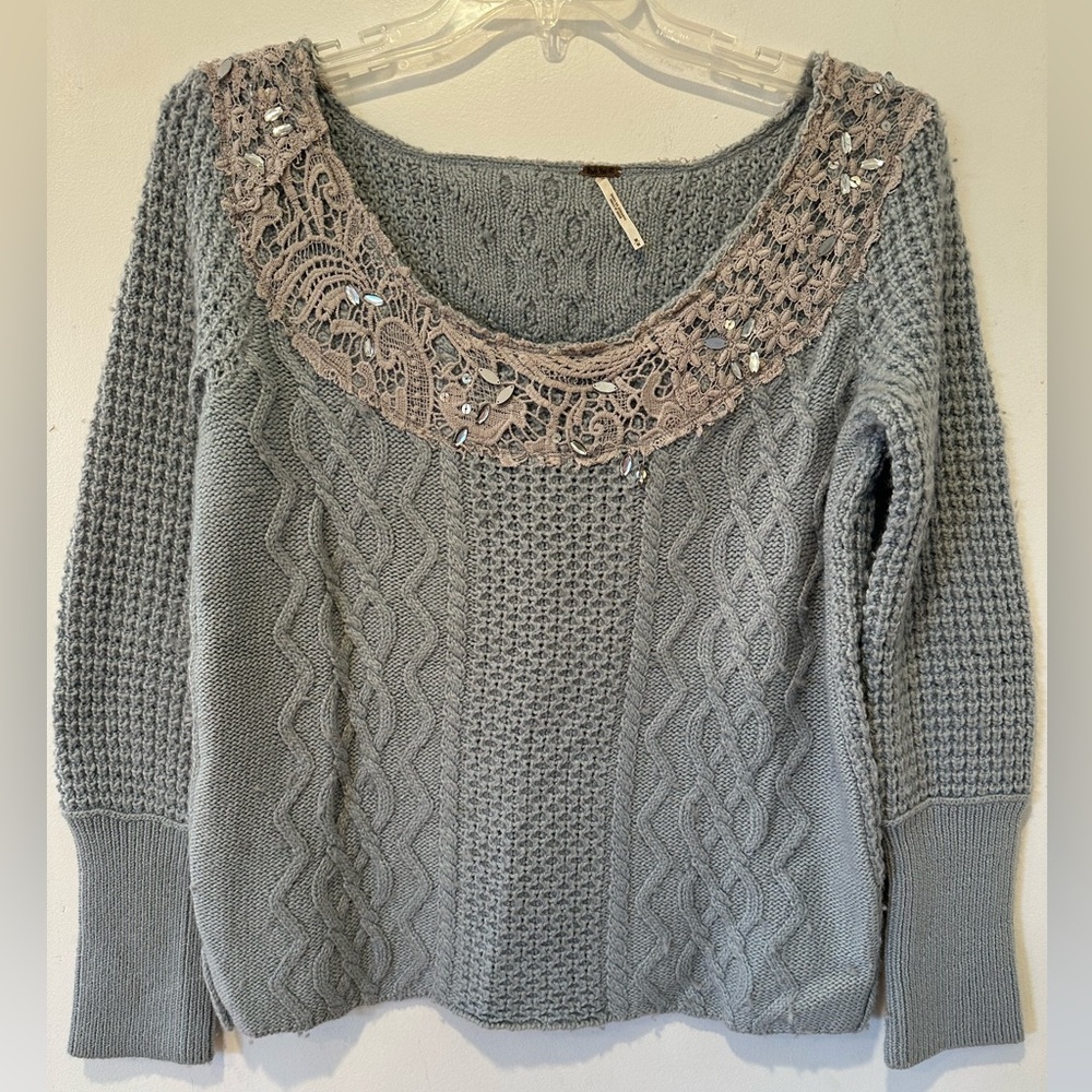 Free People Steel Blue Sweater with Lace Accents